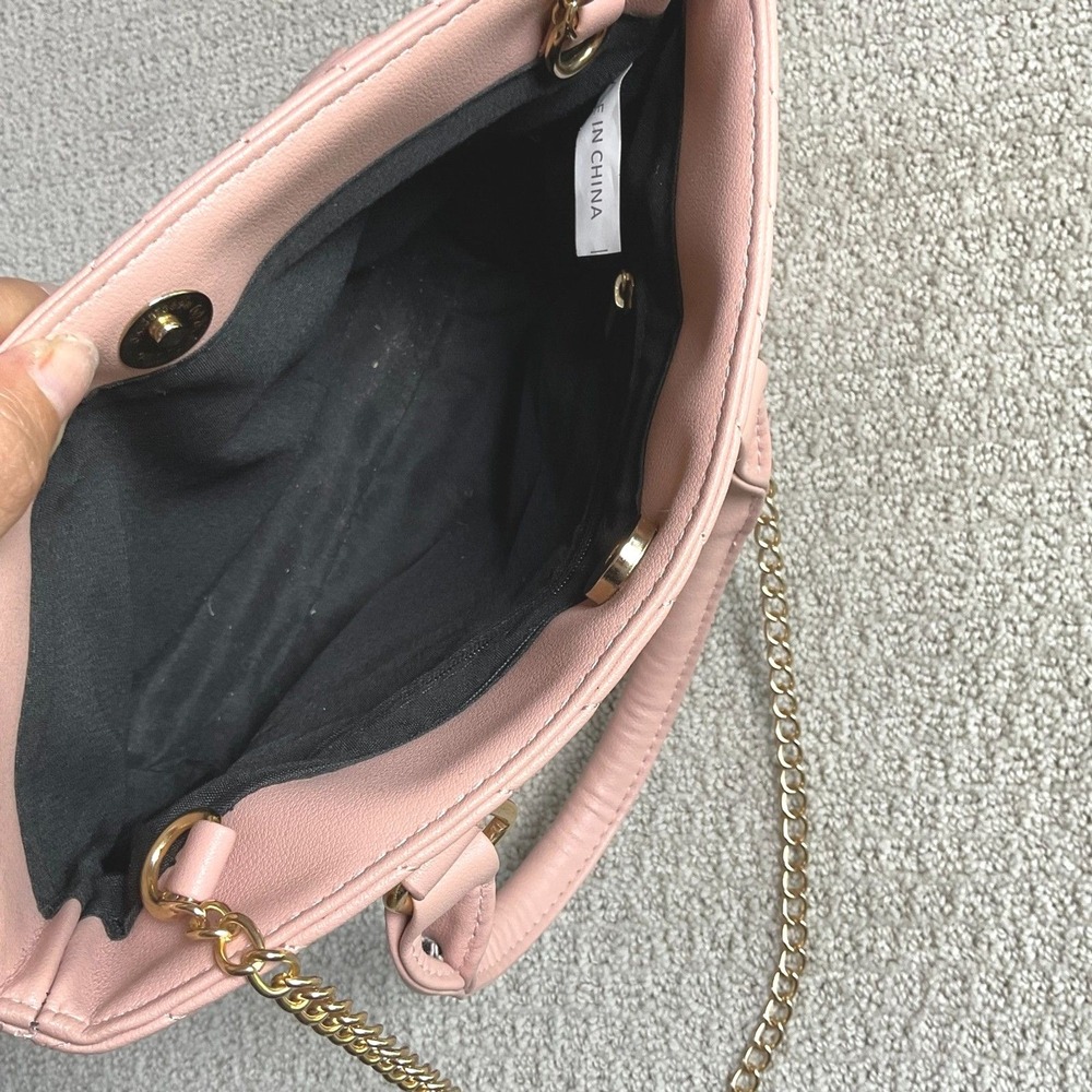 Pink Chevron Quilted Satchel Bag‎ Gold Chain Strap Faux Leather Shoulder Purse - Picture 4 of 4